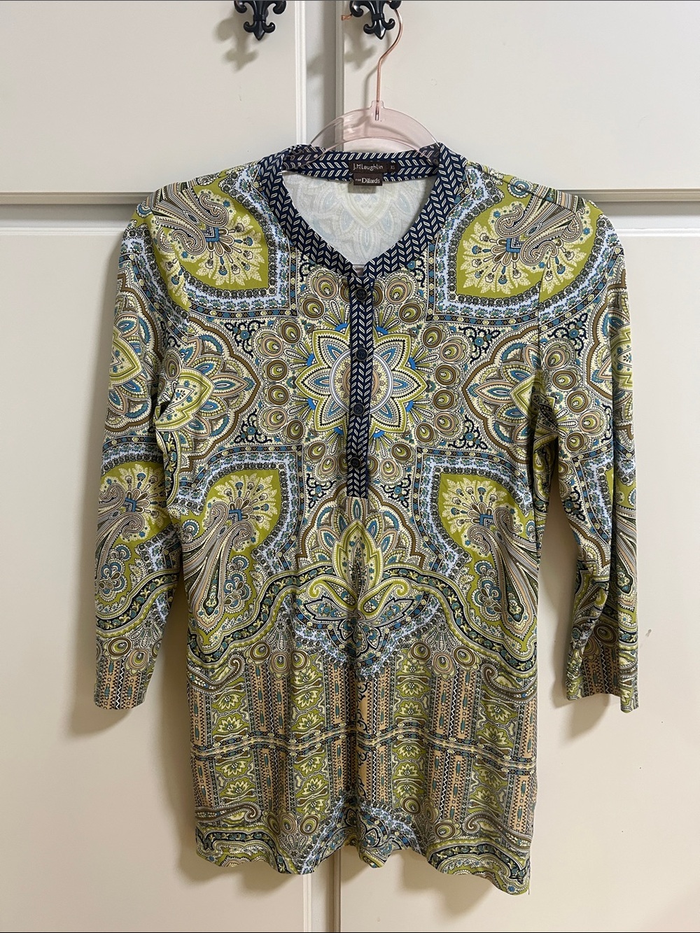 J. McLaughlin Olive, Blue and Tan Paisley Tunic Top XS